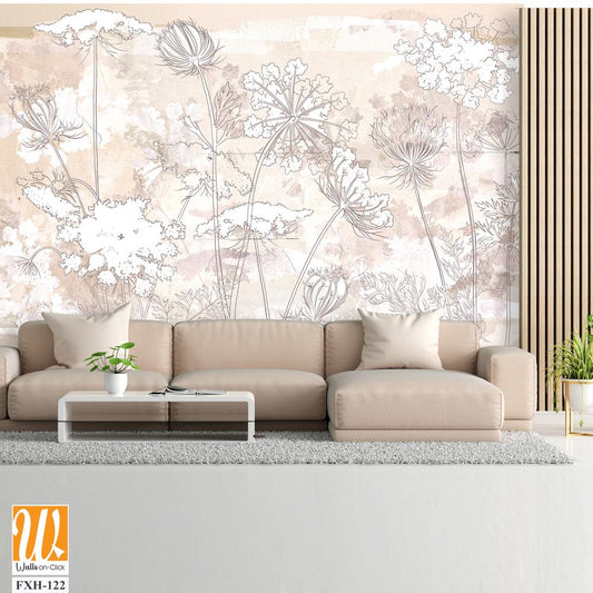 Graphic wildflowers painted on a brown concrete grunge wall. Floral background in loft, modern style. Design for wall mural, card, postcard, wallpaper, photo wallpaper. [WP-FXH-122]