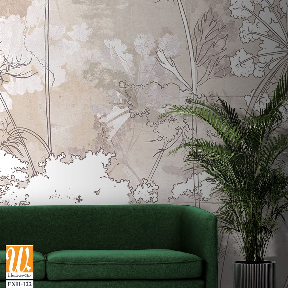 Graphic wildflowers painted on a brown concrete grunge wall. Floral background in loft, modern style. Design for wall mural, card, postcard, wallpaper, photo wallpaper. [WP-FXH-122]