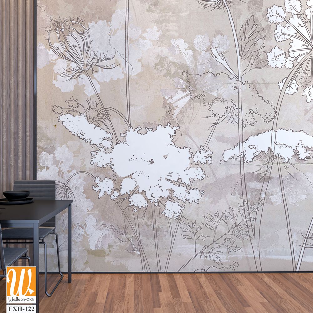 Graphic wildflowers painted on a brown concrete grunge wall. Floral background in loft, modern style. Design for wall mural, card, postcard, wallpaper, photo wallpaper. [WP-FXH-122]