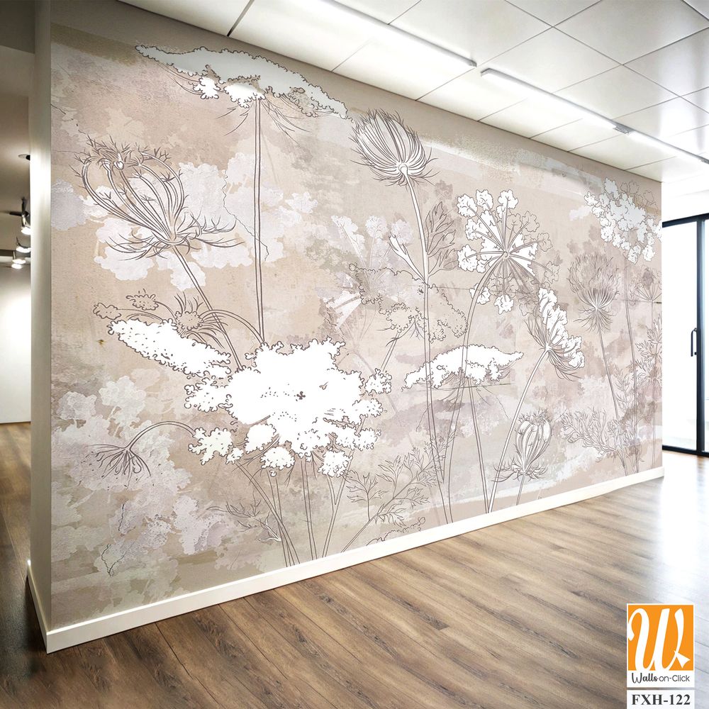 Graphic wildflowers painted on a brown concrete grunge wall. Floral background in loft, modern style. Design for wall mural, card, postcard, wallpaper, photo wallpaper. [WP-FXH-122]