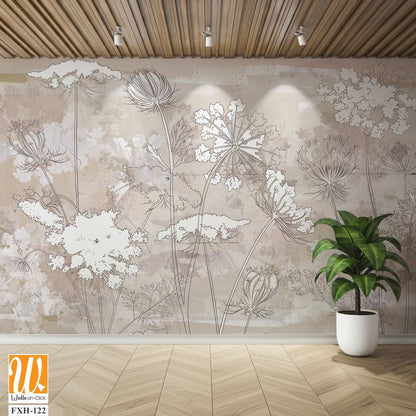 Graphic wildflowers painted on a brown concrete grunge wall. Floral background in loft, modern style. Design for wall mural, card, postcard, wallpaper, photo wallpaper. [WP-FXH-122]