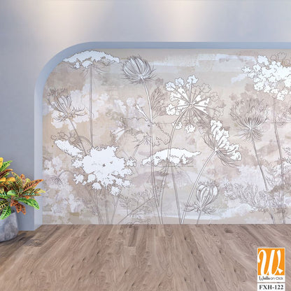 Graphic wildflowers painted on a brown concrete grunge wall. Floral background in loft, modern style. Design for wall mural, card, postcard, wallpaper, photo wallpaper. [WP-FXH-122]