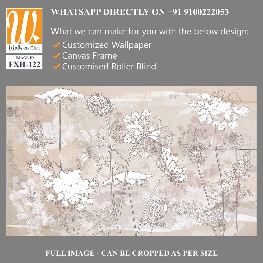 Graphic wildflowers painted on a brown concrete grunge wall. Floral background in loft, modern style. Design for wall mural, card, postcard, wallpaper, photo wallpaper. [WP-FXH-122]