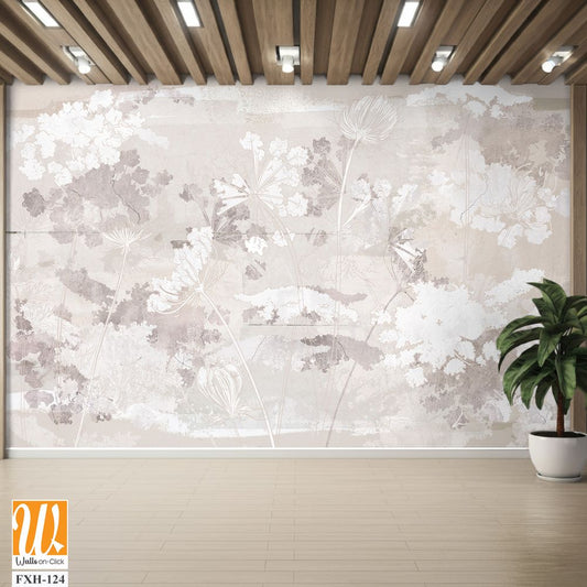 Graphic wildflowers painted on a brown concrete grunge wall. Floral background in loft, modern style. Design for wall mural, card, postcard, wallpaper, photo wallpaper. [WP-FXH-124]