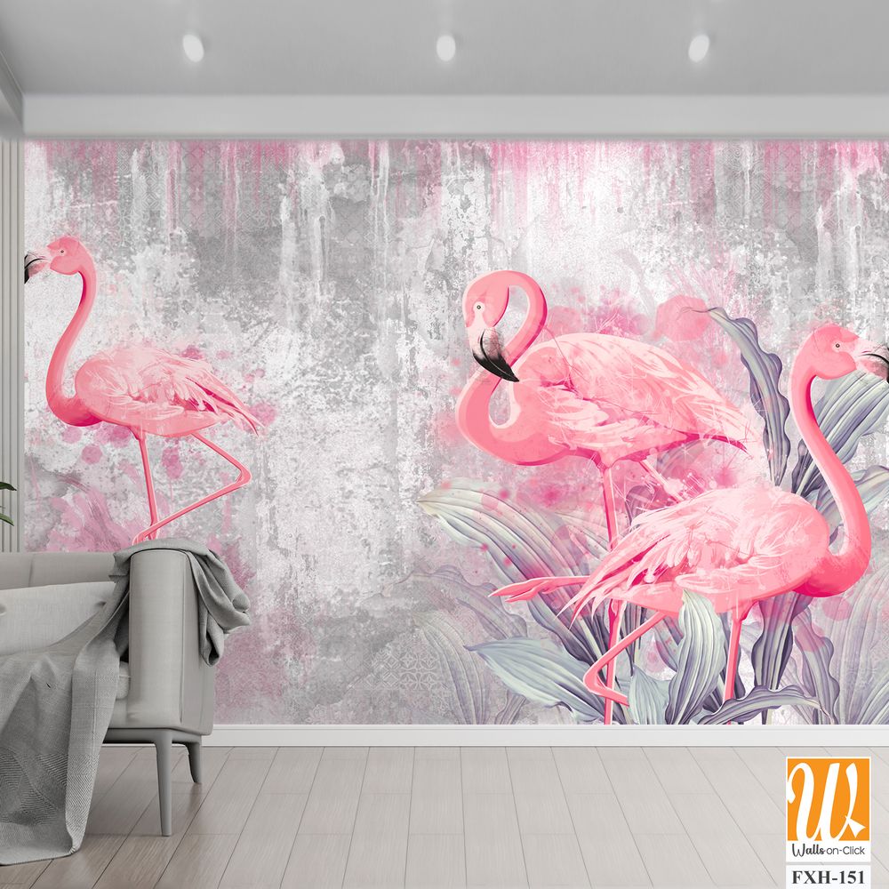 Flamingos on a texture photo for your room. Photo wallpapers that fit a light interior [WP-FXH-151]