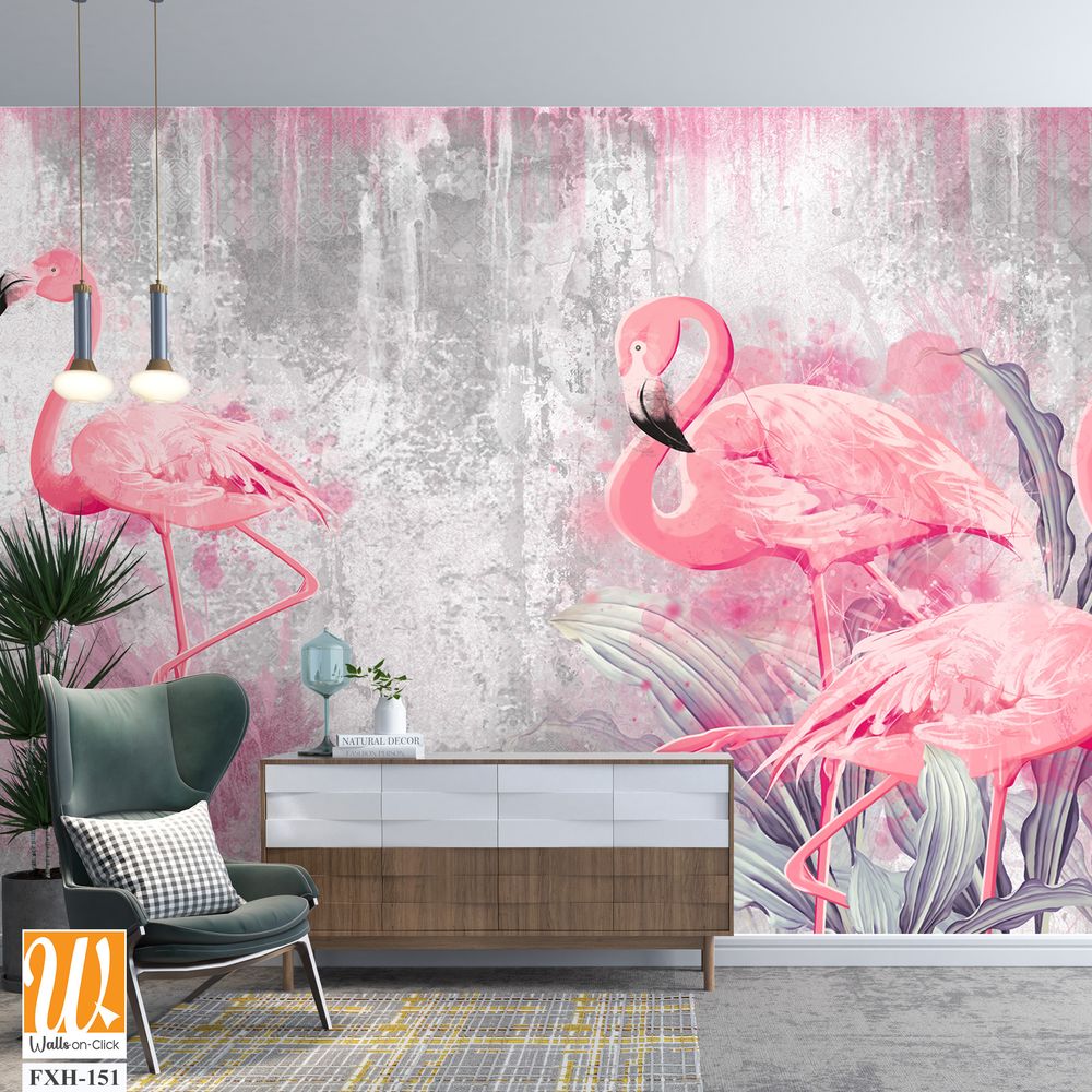 Flamingos on a texture photo for your room. Photo wallpapers that fit a light interior [WP-FXH-151]