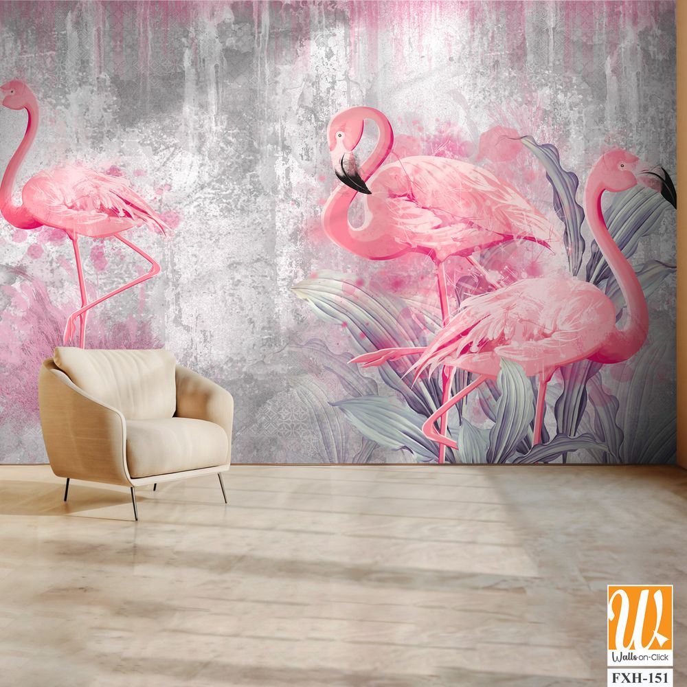 Flamingos on a texture photo for your room. Photo wallpapers that fit a light interior [WP-FXH-151]