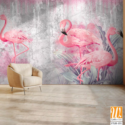 Flamingos on a texture photo for your room. Photo wallpapers that fit a light interior [WP-FXH-151]