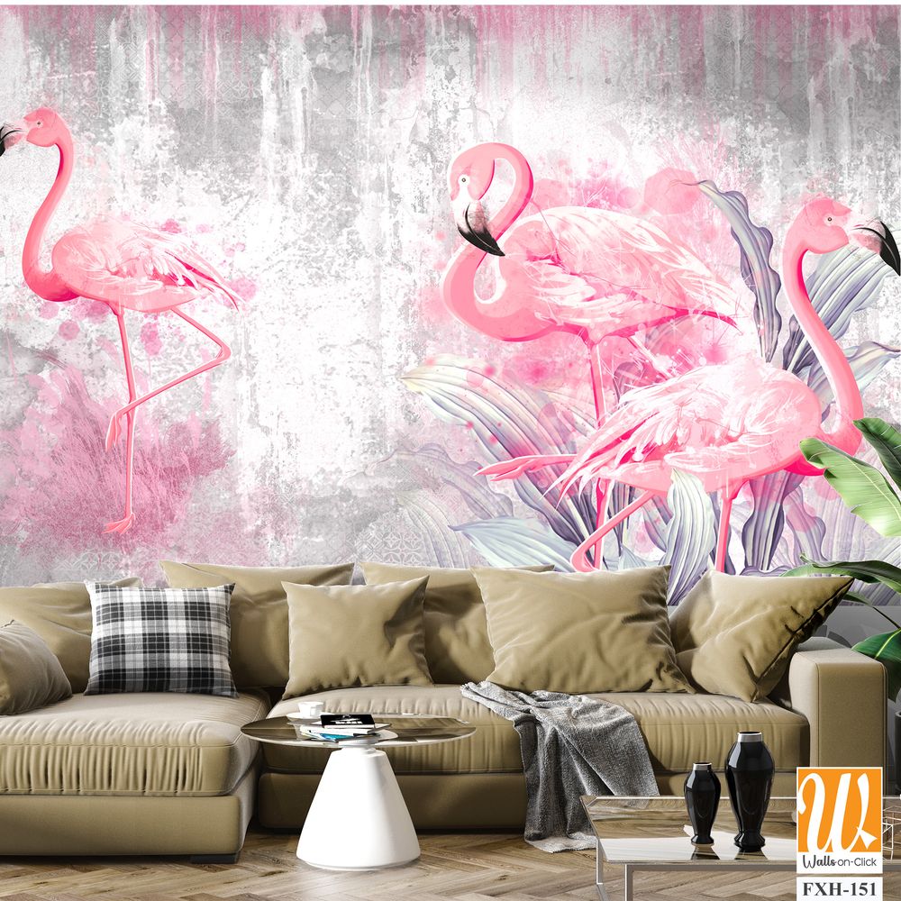 Flamingos on a texture photo for your room. Photo wallpapers that fit a light interior [WP-FXH-151]