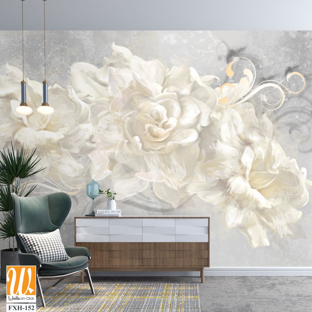 White roses on white textured background for light room design [WP-FXH-152]