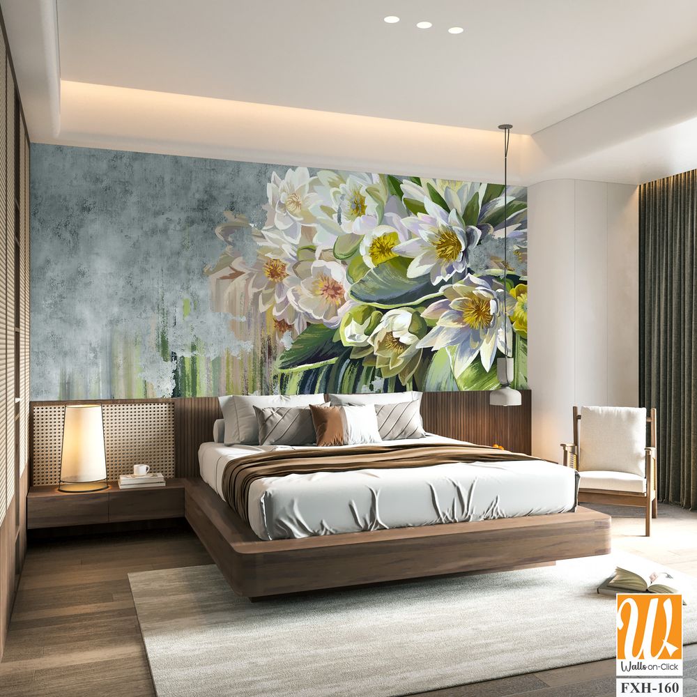 Water lilies, pitchers oil painted. Flowers painted on a concrete grunge wall. Stunningly beautiful, modern mural, wallpaper, photo wallpaper, cover, postcard design. [WP-FXH-160]