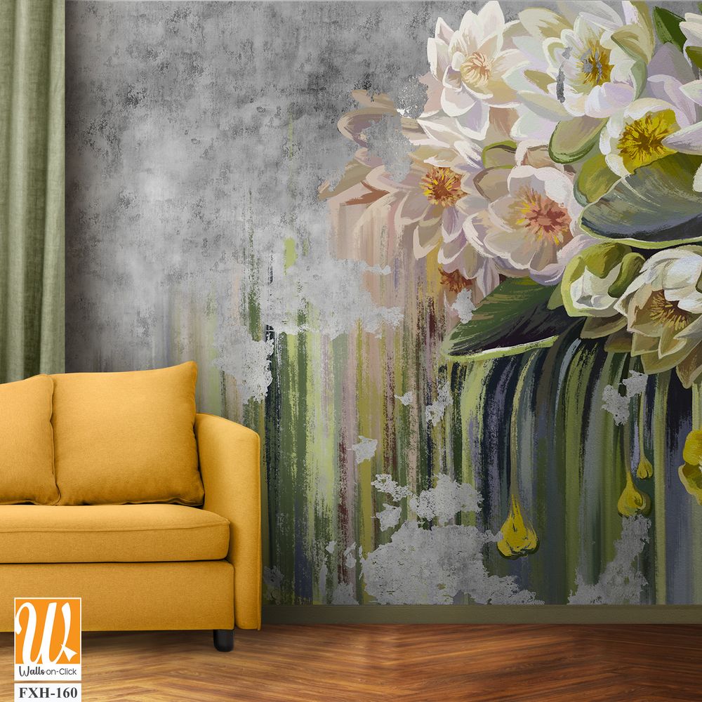 Water lilies, pitchers oil painted. Flowers painted on a concrete grunge wall. Stunningly beautiful, modern mural, wallpaper, photo wallpaper, cover, postcard design. [WP-FXH-160]