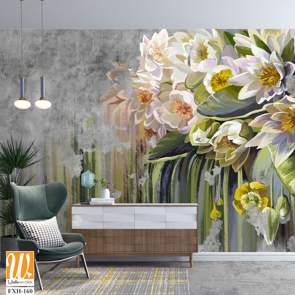 Water lilies, pitchers oil painted. Flowers painted on a concrete grunge wall. Stunningly beautiful, modern mural, wallpaper, photo wallpaper, cover, postcard design. [WP-FXH-160]