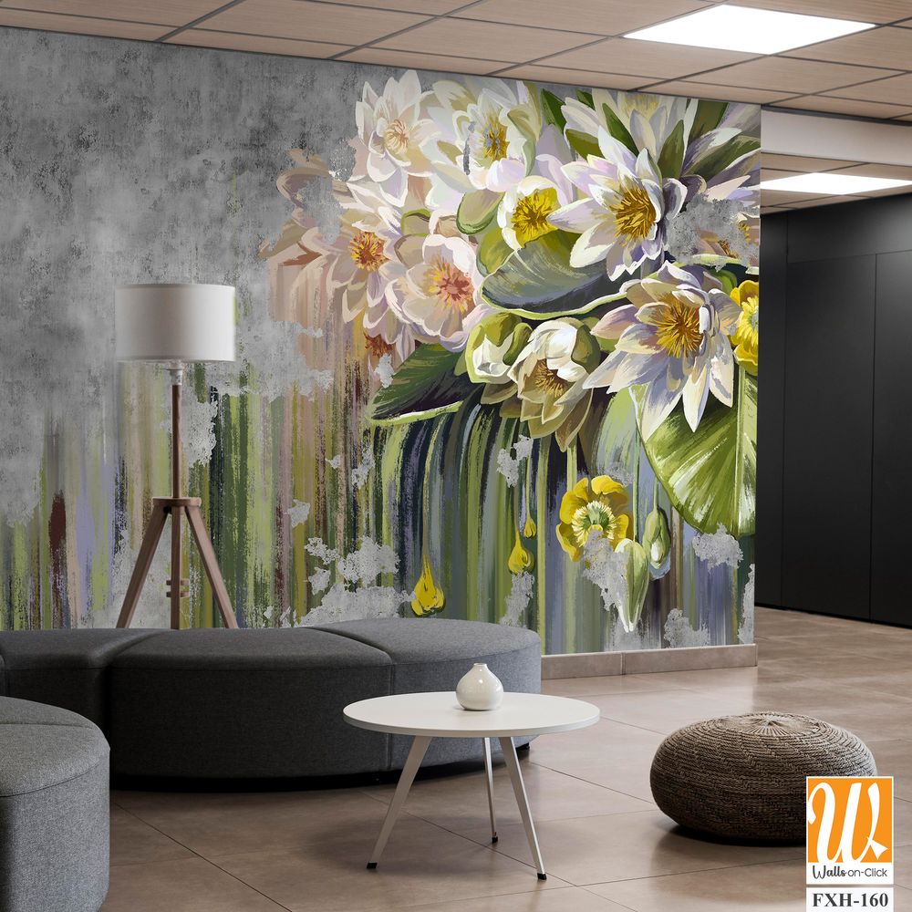 Water lilies, pitchers oil painted. Flowers painted on a concrete grunge wall. Stunningly beautiful, modern mural, wallpaper, photo wallpaper, cover, postcard design. [WP-FXH-160]