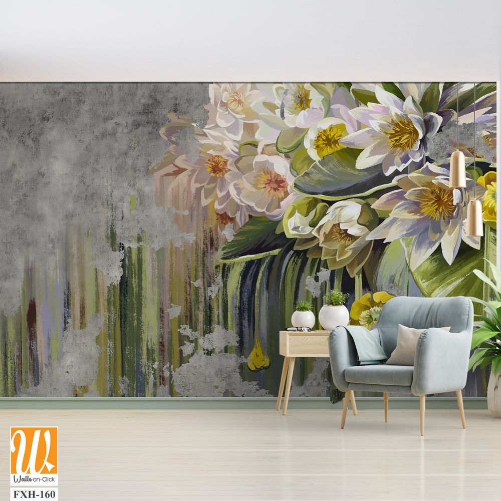 Water lilies, pitchers oil painted. Flowers painted on a concrete grunge wall. Stunningly beautiful, modern mural, wallpaper, photo wallpaper, cover, postcard design. [WP-FXH-160]