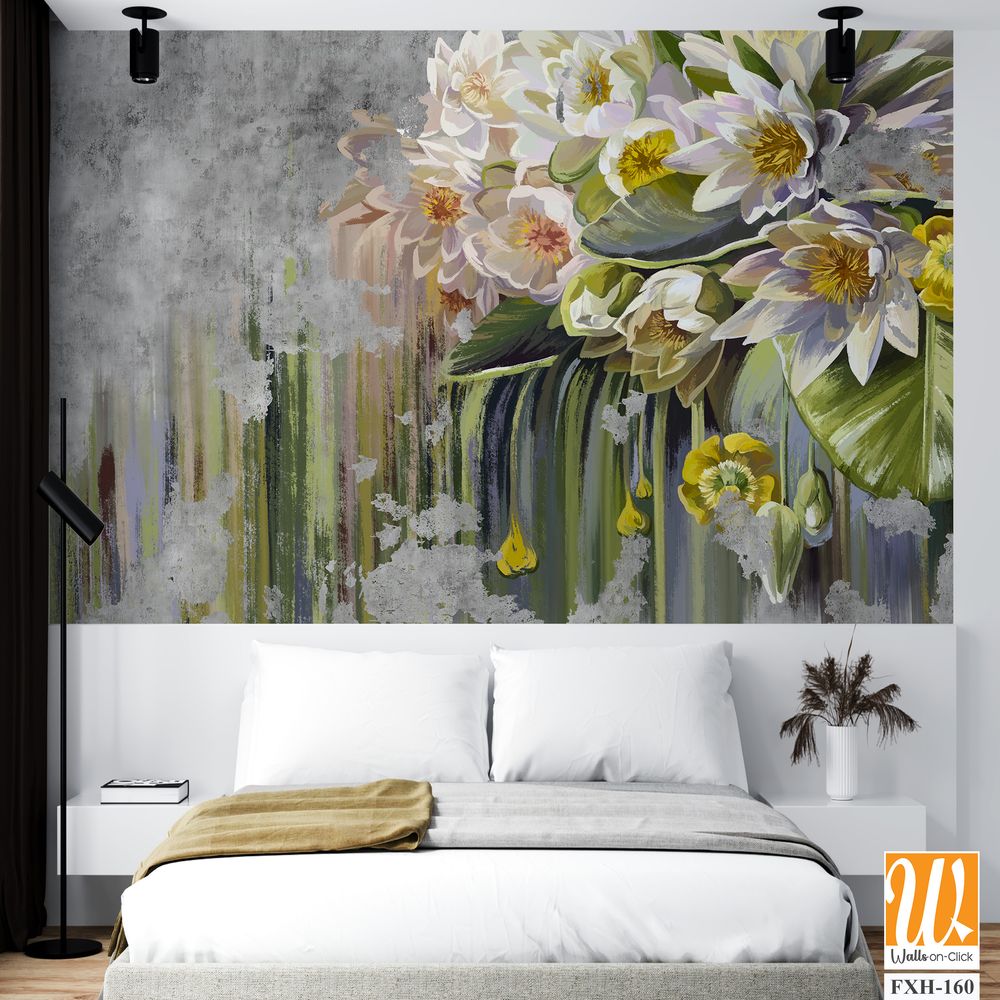 Water lilies, pitchers oil painted. Flowers painted on a concrete grunge wall. Stunningly beautiful, modern mural, wallpaper, photo wallpaper, cover, postcard design. [WP-FXH-160]