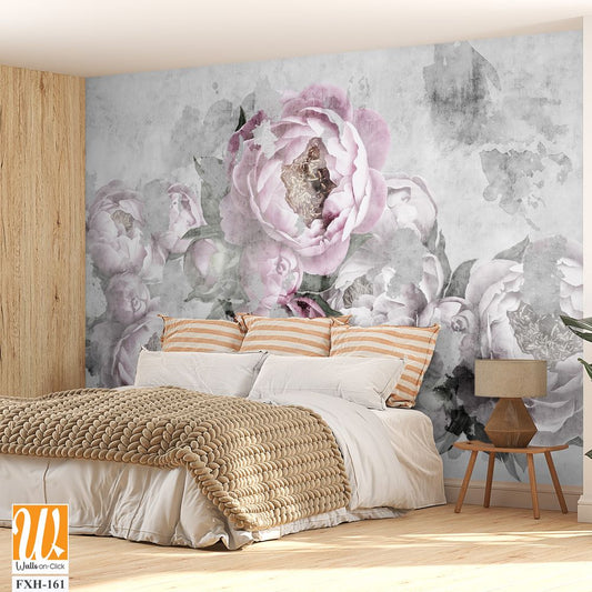 Peonies flowers painted on a concrete grunge wall. Photo wallpaper, wallpaper, mural, card, postcard design in the modern, loft style. [WP-FXH-161]