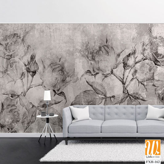 Black and white vintage roses, wall murals in the interior of the room on a textured background [WP-FXH-162]