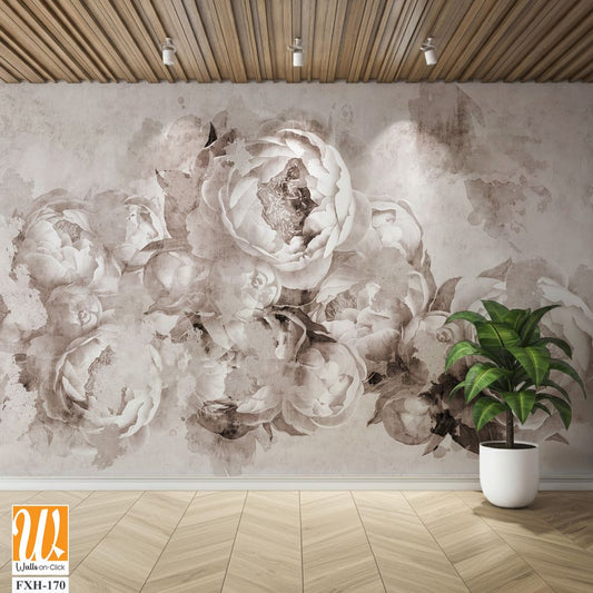 Sepia peonies flowers painted on a concrete grunge wall. Photo wallpaper, wallpaper, mural, card, postcard design in the modern, loft style. [WP-FXH-170]