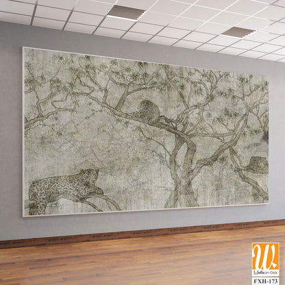 Leopards on trees with a textured background, elements of shabby, photo wallpaper, vintage style to the room [WP-FXH-173]