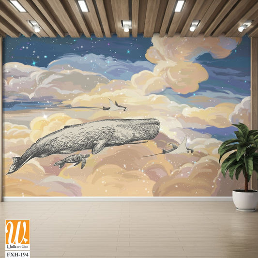 Bright colourful sky wallpaper. Whale in the sky.Starry sky illustration. Illustration of clouds on a blue background. Beautifully painted sky.Drawn book illustration, card, postcard, wallpaper, mural [WP-FXH-194]