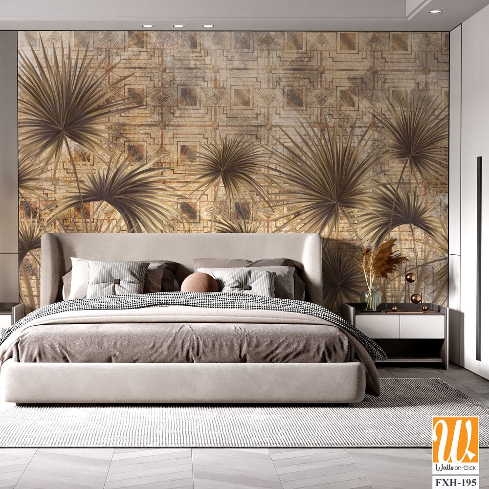 Graphic exotic plants on a textured background. Beige background. Designed for photo wallpaper, photo wallpaper design, loft style photo wallpaper, classic, modern. wall murals in a room or home inter [WP-FXH-195]