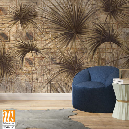 Graphic exotic plants on a textured background. Beige background. Designed for photo wallpaper, photo wallpaper design, loft style photo wallpaper, classic, modern. wall murals in a room or home inter [WP-FXH-195]