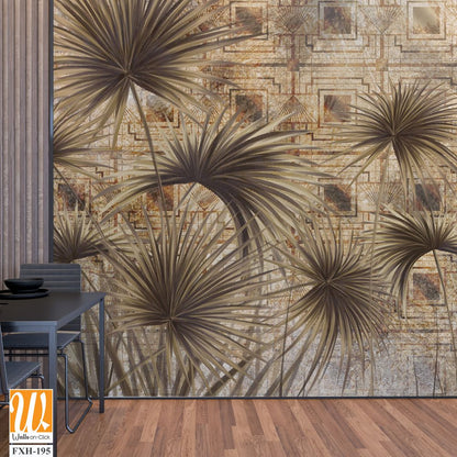 Graphic exotic plants on a textured background. Beige background. Designed for photo wallpaper, photo wallpaper design, loft style photo wallpaper, classic, modern. wall murals in a room or home inter [WP-FXH-195]