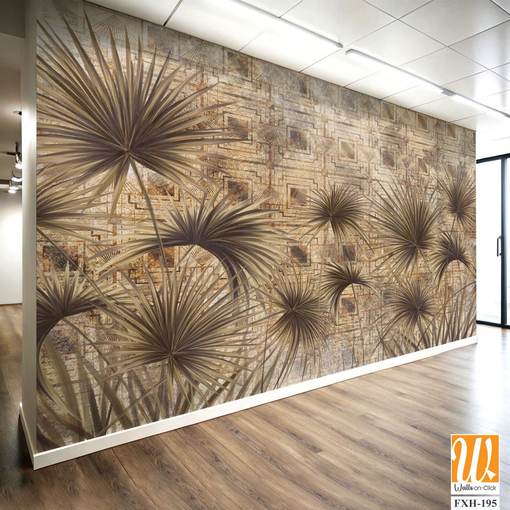 Graphic exotic plants on a textured background. Beige background. Designed for photo wallpaper, photo wallpaper design, loft style photo wallpaper, classic, modern. wall murals in a room or home inter [WP-FXH-195]