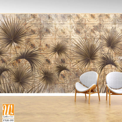 Graphic exotic plants on a textured background. Beige background. Designed for photo wallpaper, photo wallpaper design, loft style photo wallpaper, classic, modern. wall murals in a room or home inter [WP-FXH-195]