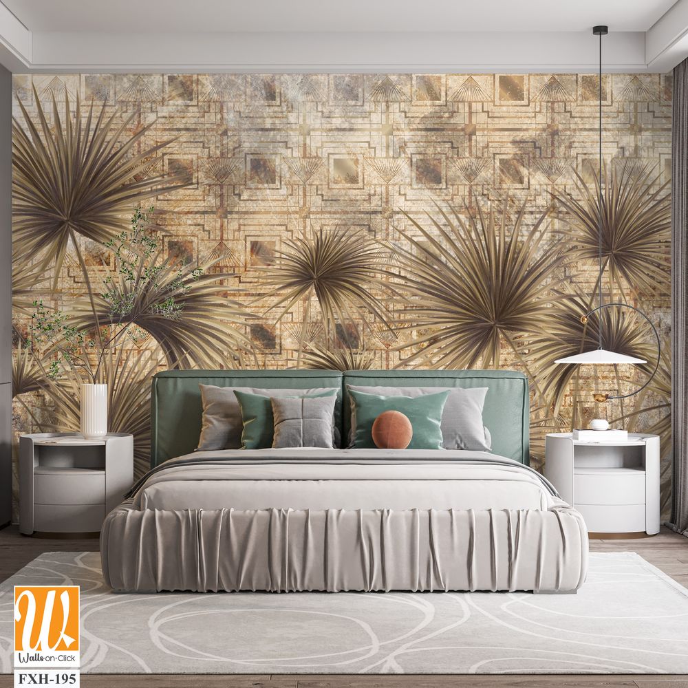 Graphic exotic plants on a textured background. Beige background. Designed for photo wallpaper, photo wallpaper design, loft style photo wallpaper, classic, modern. wall murals in a room or home inter [WP-FXH-195]