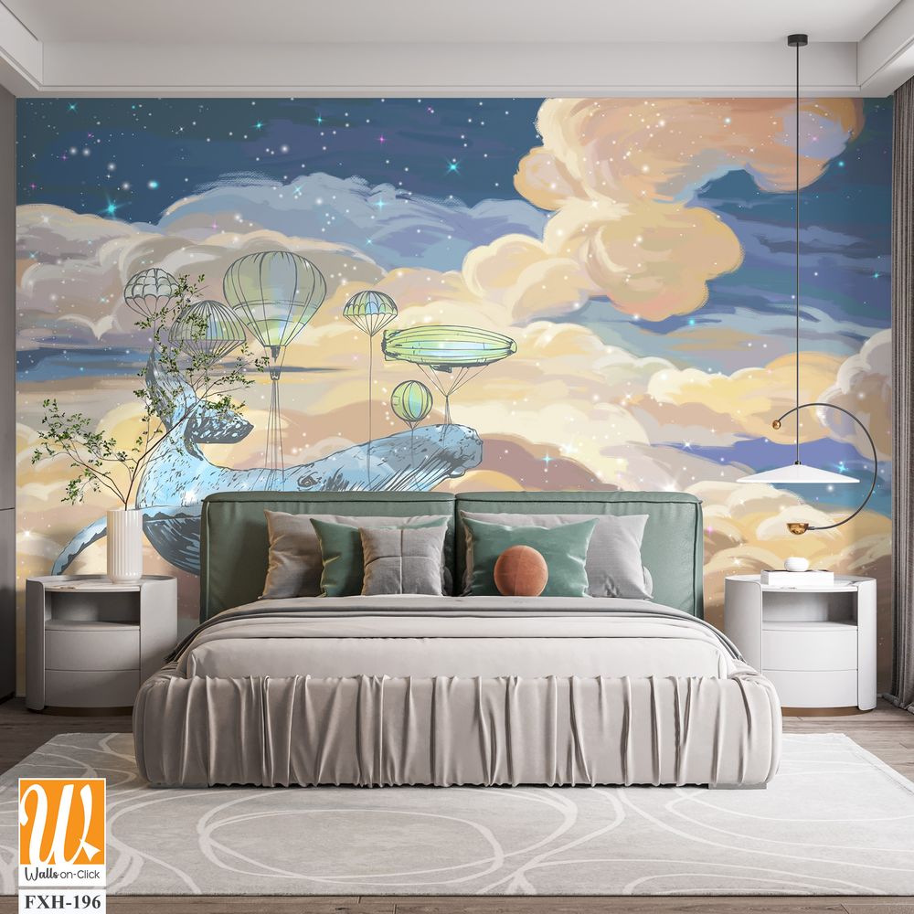 Bright colourful starry sky wallpaper. Whale in the sky with air balloons. Illustration of clouds on a blue background.Beautifully painted sky.Drawn book illustration, card, postcard, wallpaper, mural [WP-FXH-196]