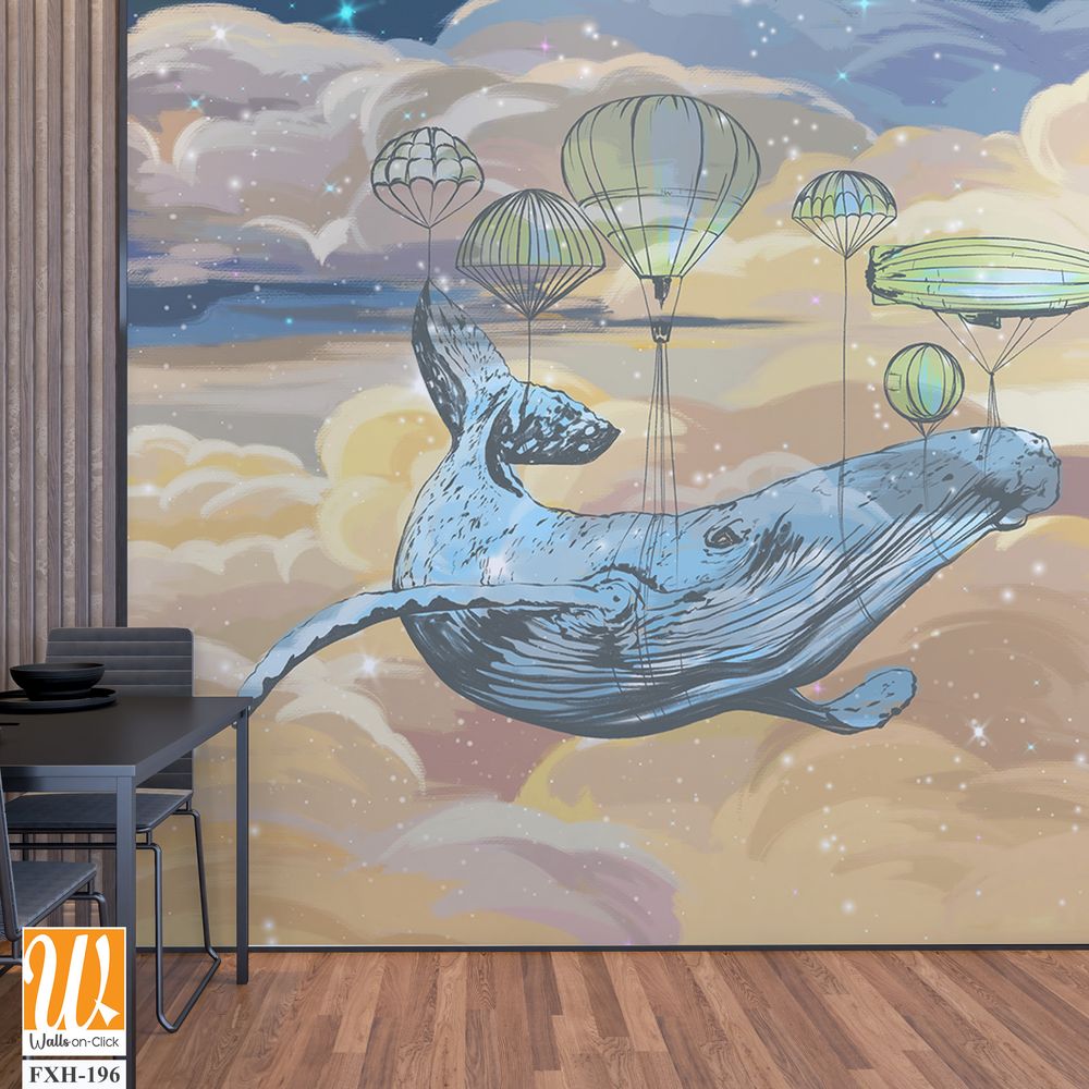 Bright colourful starry sky wallpaper. Whale in the sky with air balloons. Illustration of clouds on a blue background.Beautifully painted sky.Drawn book illustration, card, postcard, wallpaper, mural [WP-FXH-196]