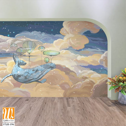 Bright colourful starry sky wallpaper. Whale in the sky with air balloons. Illustration of clouds on a blue background.Beautifully painted sky.Drawn book illustration, card, postcard, wallpaper, mural [WP-FXH-196]