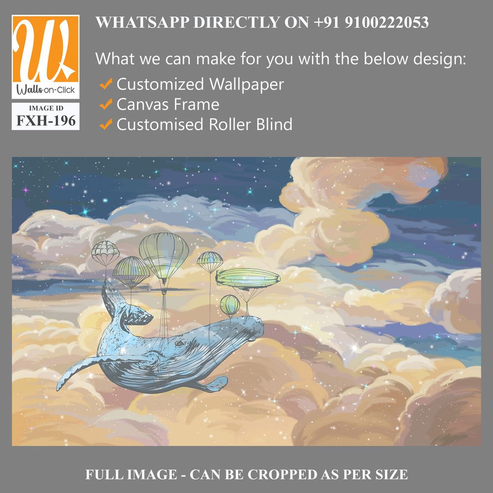 Bright colourful starry sky wallpaper. Whale in the sky with air balloons. Illustration of clouds on a blue background.Beautifully painted sky.Drawn book illustration, card, postcard, wallpaper, mural [WP-FXH-196]