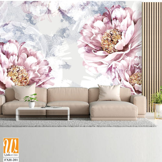 Drawn art peonies on a textured wall with imitation of scuffs. Photo wallpaper in a room or interior of a house. For printing on a label poster of a postcard [WP-FXH-201]