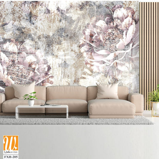 Drawn peony on a textured photo on the wall, art drawing on the wall, photo wallpaper in room, postcard, banquet, poster. [WP-FXH-205]