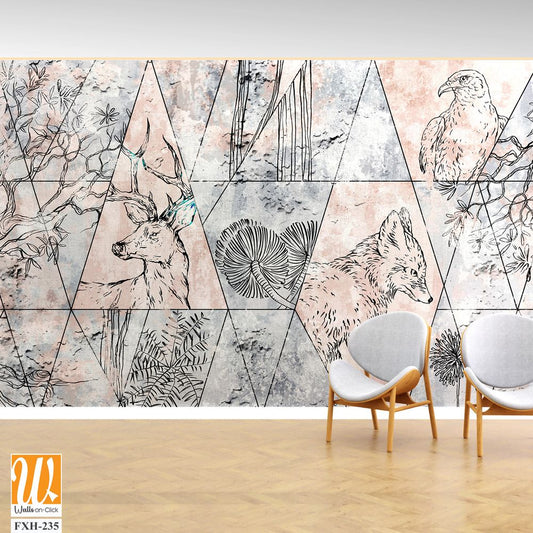 Abstraction, drawn contour animals on texture, photo wallpaper in the room [WP-FXH-235]