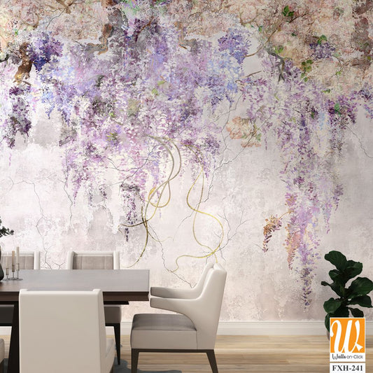 Beautiful lilac branches on the concrete grey vintage wall. Lilac flowers. Blooming lilac. Floral background in loft, modern style. Design for wall mural, card, postcard, wallpaper, photo wallpaper. [WP-FXH-241]