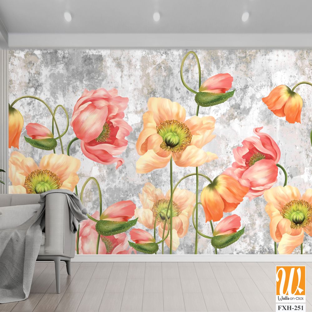 Art drawn poppies on a textured gray background with a shabby, photo wallpaper on the wall or in the interior of the house [WP-FXH-251]