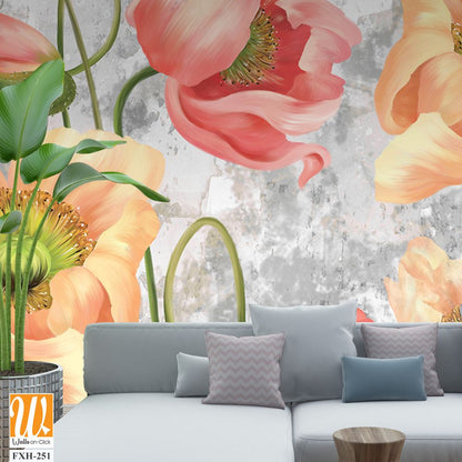 Art drawn poppies on a textured gray background with a shabby, photo wallpaper on the wall or in the interior of the house [WP-FXH-251]