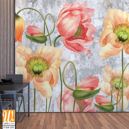 Art drawn poppies on a textured gray background with a shabby, photo wallpaper on the wall or in the interior of the house [WP-FXH-251]