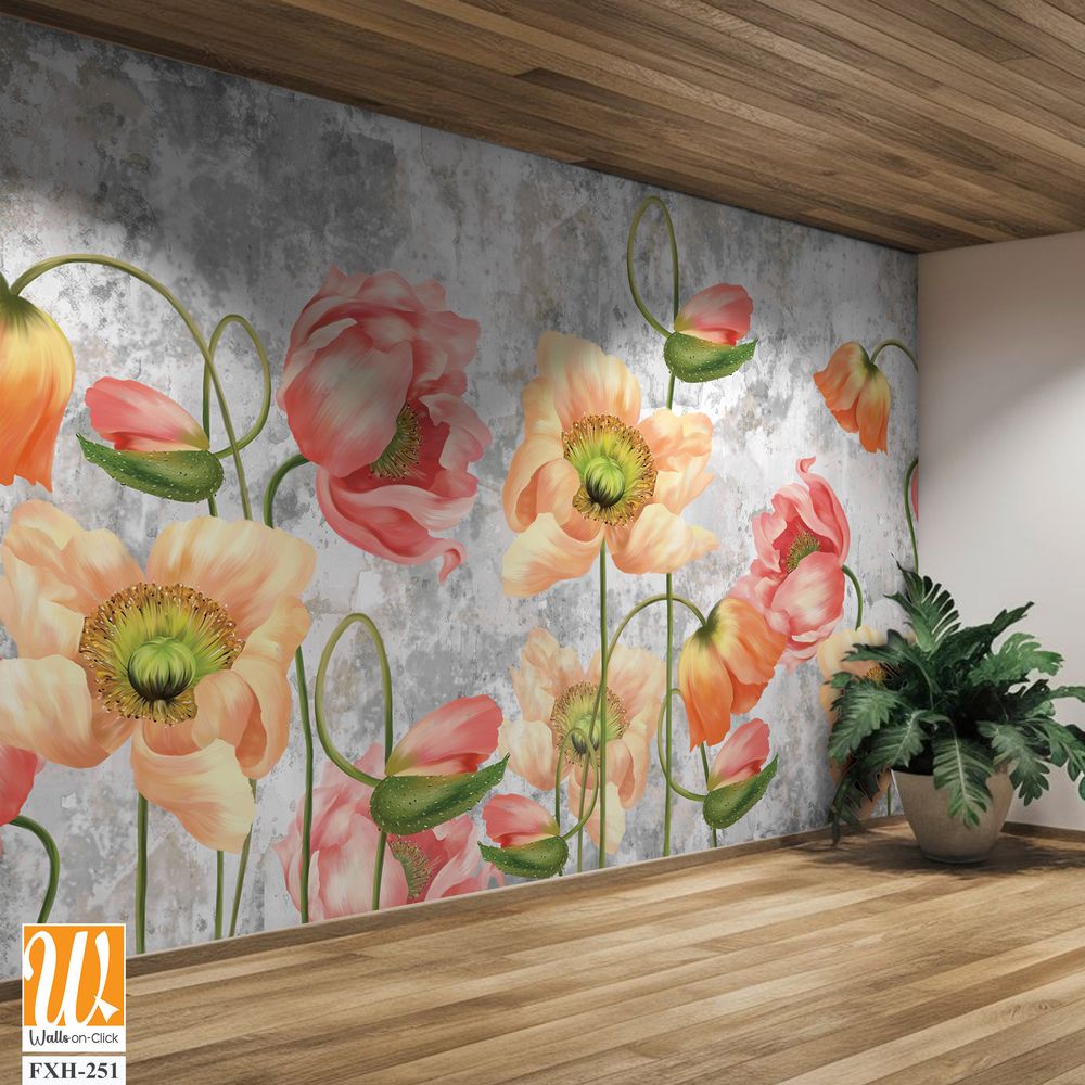 Art drawn poppies on a textured gray background with a shabby, photo wallpaper on the wall or in the interior of the house [WP-FXH-251]