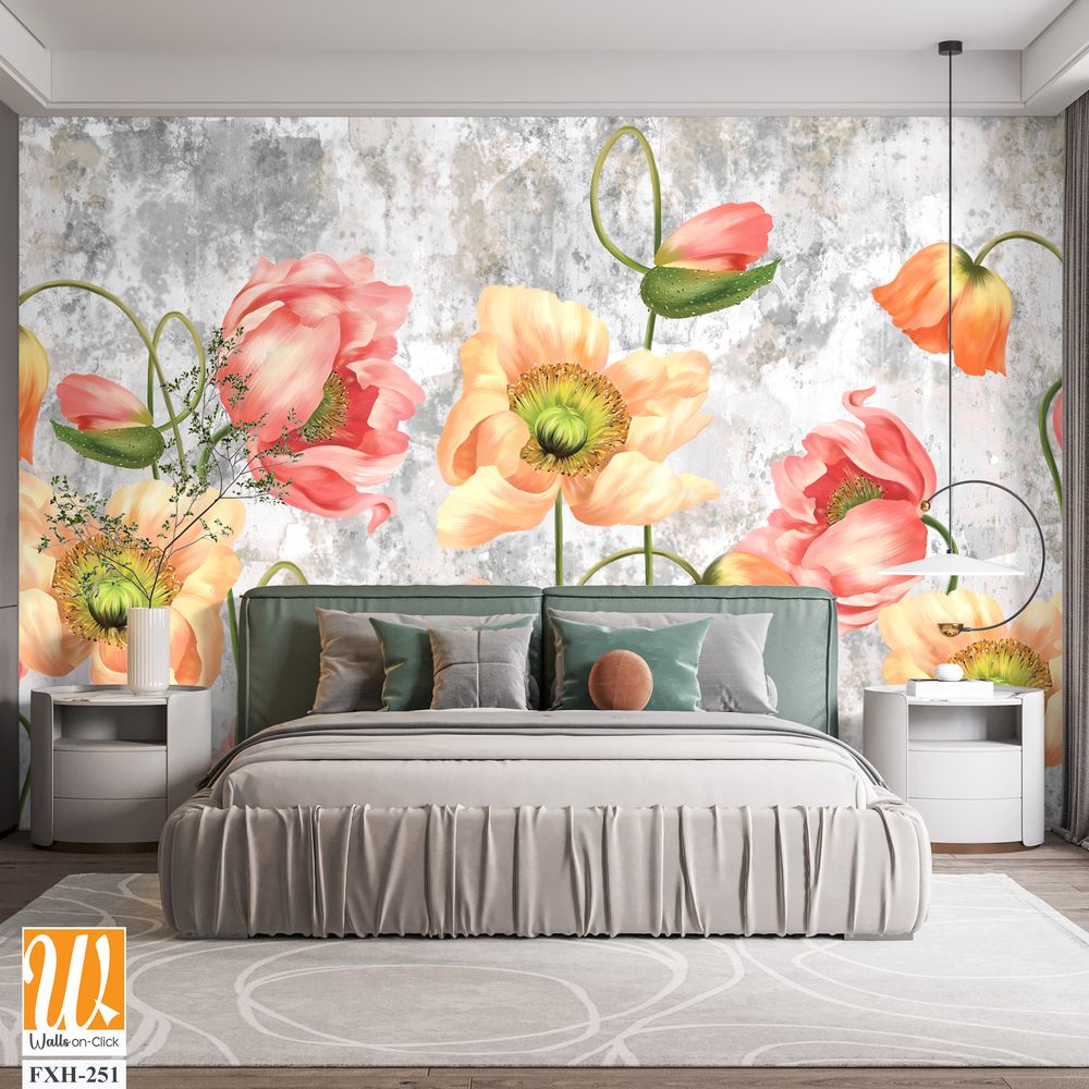 Art drawn poppies on a textured gray background with a shabby, photo wallpaper on the wall or in the interior of the house [WP-FXH-251]