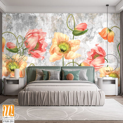 Art drawn poppies on a textured gray background with a shabby, photo wallpaper on the wall or in the interior of the house [WP-FXH-251]