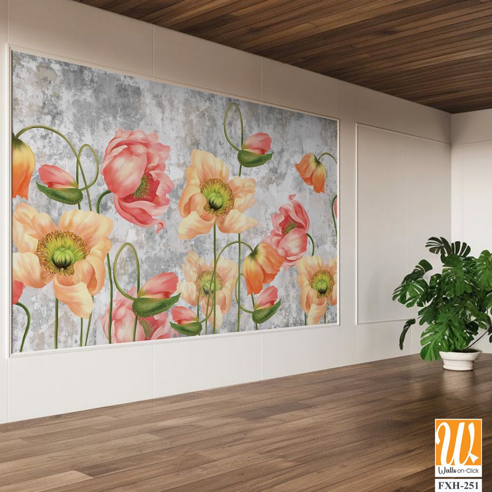 Art drawn poppies on a textured gray background with a shabby, photo wallpaper on the wall or in the interior of the house [WP-FXH-251]