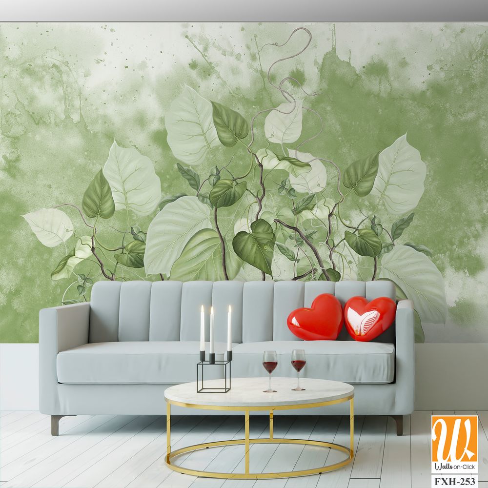 Curly branches. Beautiful painted flowering branches on the abstract green watercolor wall. Floral background in loft, modern style. Design for wall mural, card, postcard, wallpaper, photo wallpaper. [WP-FXH-253]