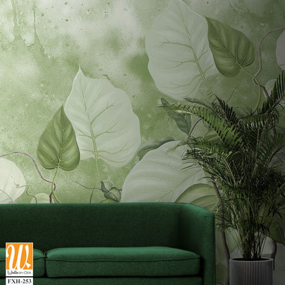 Curly branches. Beautiful painted flowering branches on the abstract green watercolor wall. Floral background in loft, modern style. Design for wall mural, card, postcard, wallpaper, photo wallpaper. [WP-FXH-253]