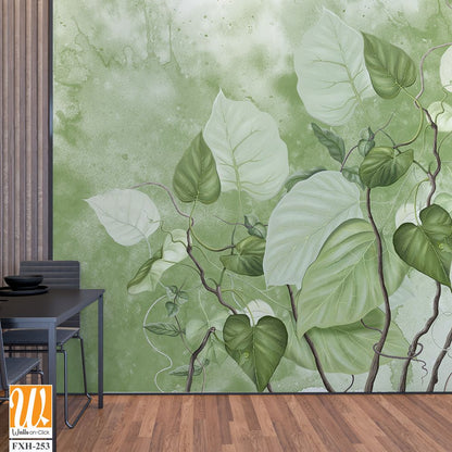 Curly branches. Beautiful painted flowering branches on the abstract green watercolor wall. Floral background in loft, modern style. Design for wall mural, card, postcard, wallpaper, photo wallpaper. [WP-FXH-253]