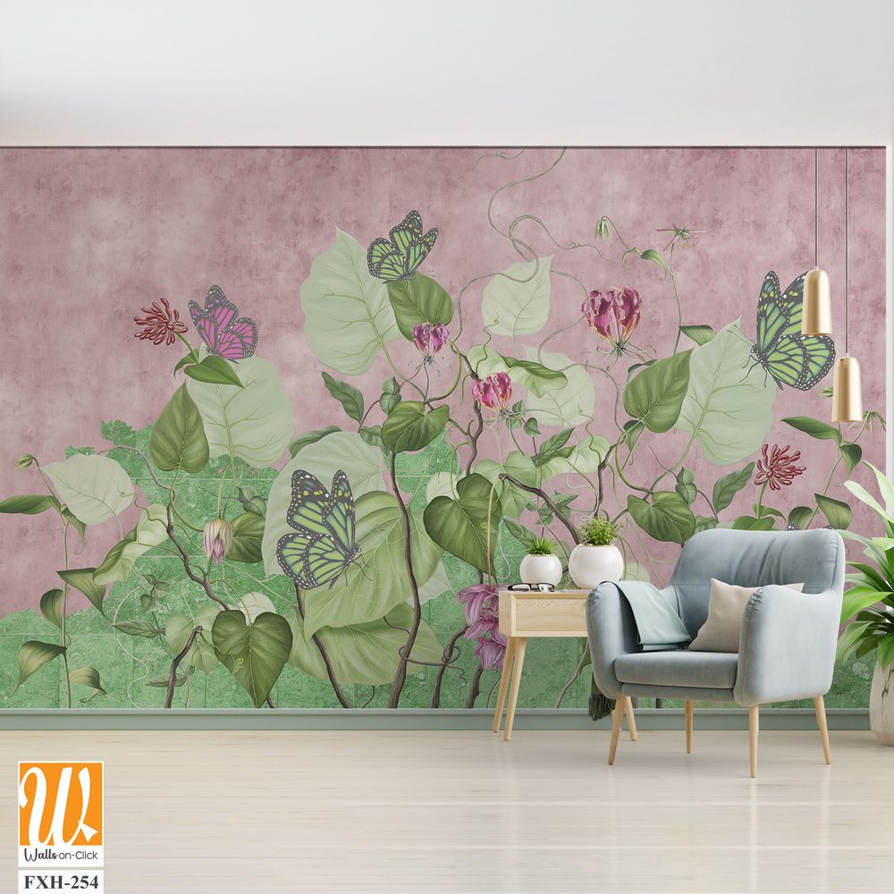 Green curly branches with pink and green butterflies.Beautiful painted flowering branches on the abstract pink background. Design for wall mural, card, postcard, wallpaper, photo wallpaper, etc. [WP-FXH-254]